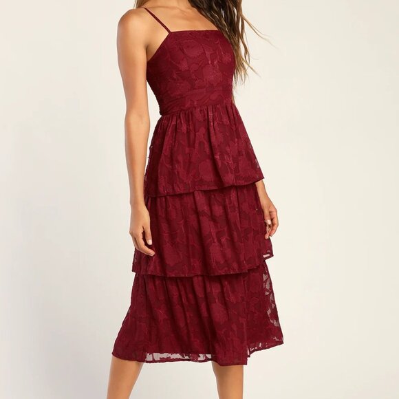 NWT Lulus Burgundy Burnout Floral Print Tiered Dress Size XL formal wedding - Picture 5 of 15
